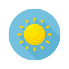 Cartoon sun on round sky blue background